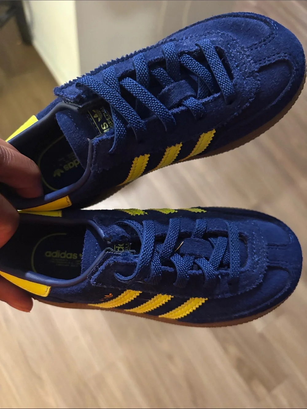 adidas Suede Sneaker in Navy with Neon Yellow Stripes